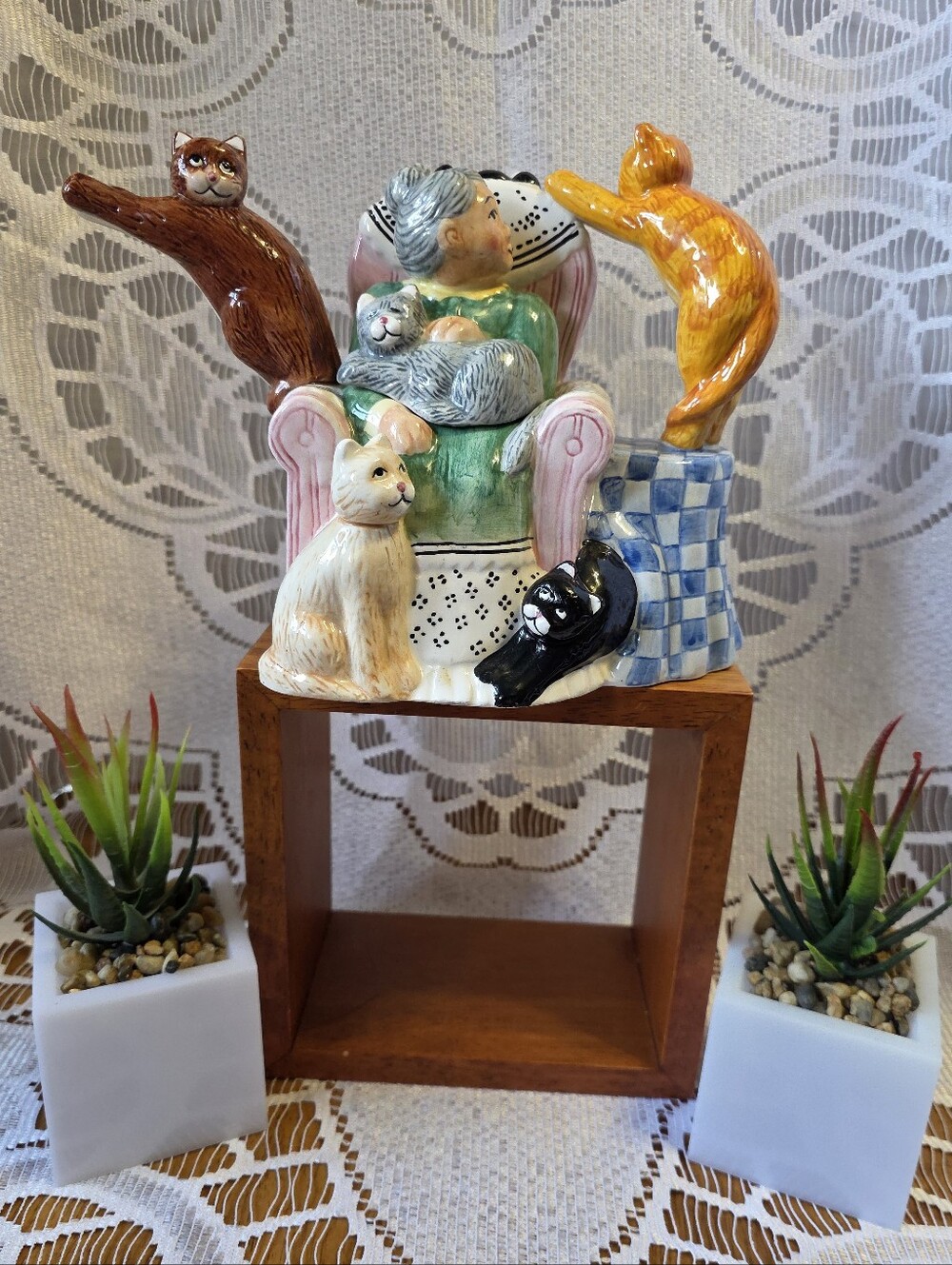 Vintage 1995 Lotus “ Relaxing With Grandma" Cat Ceramic Teapot